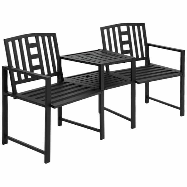 FORCLOVER Black 1-Piece Metal Patio Conversation Set with Umbrella Hole for Patio Backyard