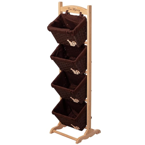 4-Tier 14 x 14 x 50 Wooden Frame Stand with Woven-Inspired Baskets, Freestanding Organizer Rack for Retail Market Stall