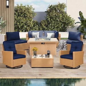 8-Piece Wicker Patio Fire Pit Conversation Set with Swivel Chairs and Navy Blue Cushions