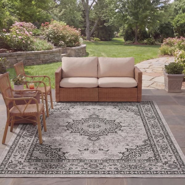 Courtyard Beige/Black 8 ft. x 11 ft. Distressed Border Ornate Indoor/Outdoor Area Rug