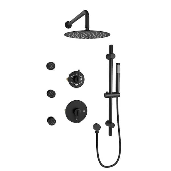3-Spray Pressure Balanced 10 in. Wall Mount Fixed and Handheld Dual Shower Head 2.5 GPM with 4-Body Jets in Matte Black