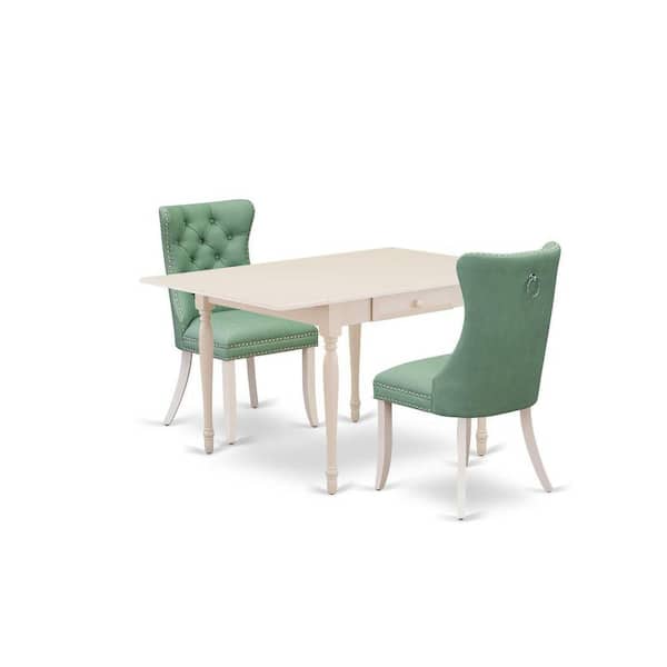 East West Furniture 3-Piece Linen White Finish Rectangular Solid Wood Top with Dropleaf Dining Table Set