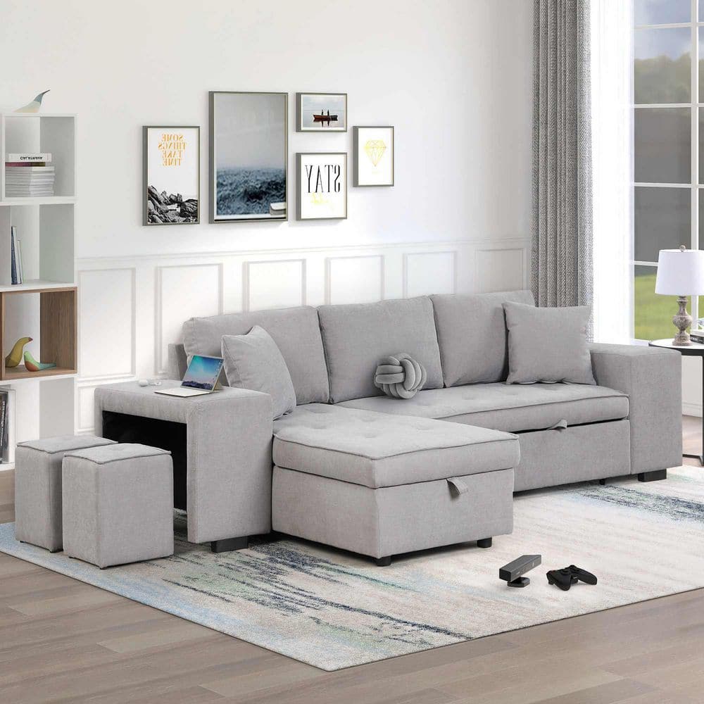 104.5 in. Square Arm Linen Sectional Sofa with Storage Chaise and 2 Stools in. Gray