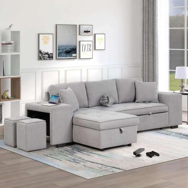 104.5 in. Square Arm Linen Sectional Sofa with Storage Chaise and 2 Stools in. Gray