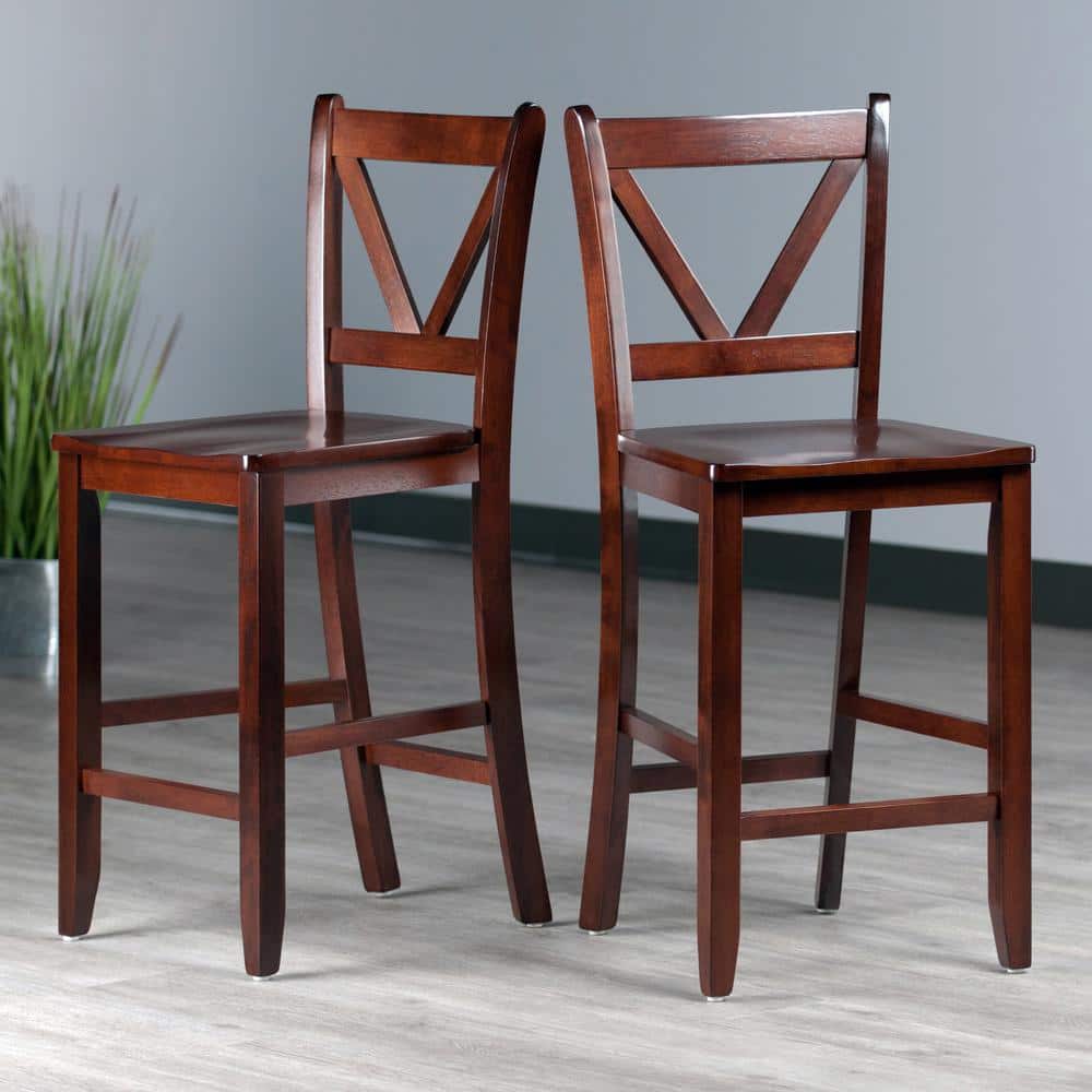 Winsome Walnut Mid-Century Modern V-Back Counter Stools, Set of 2