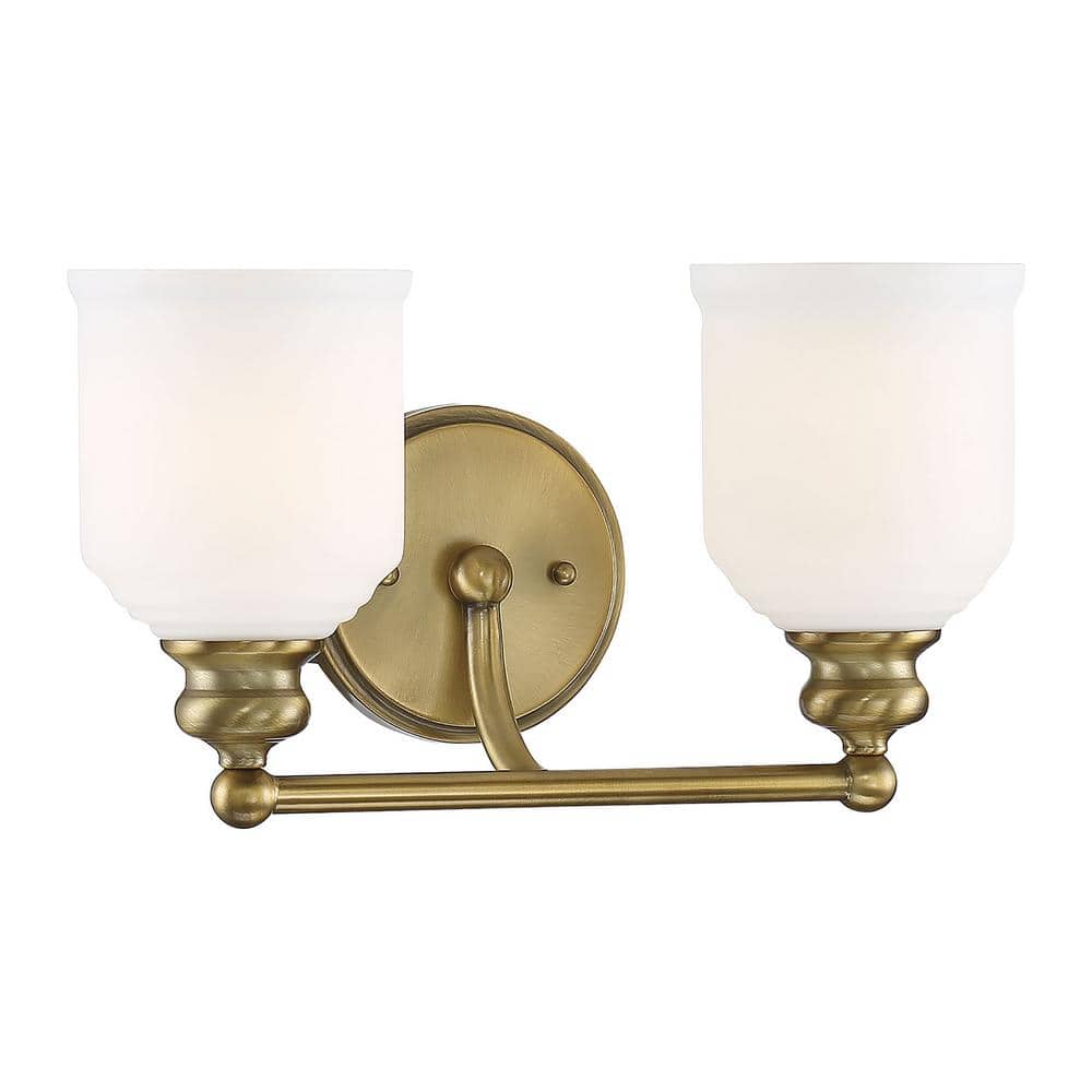 Melrose Warm Brass 2-Light Vanity Fixture with Opal Glass Shades