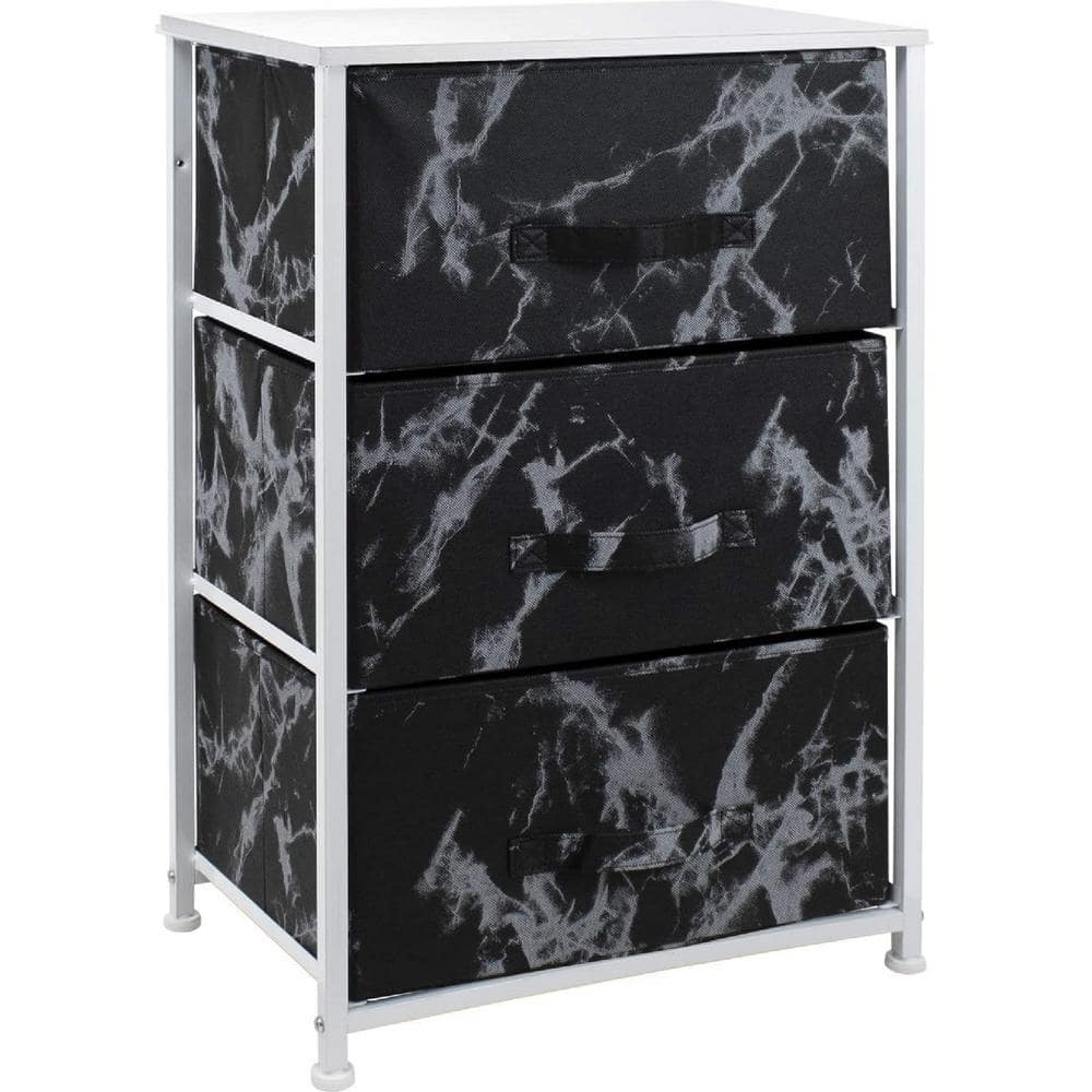 White Frame Black Marble 3-Drawer Nightstand with Fabric Bins