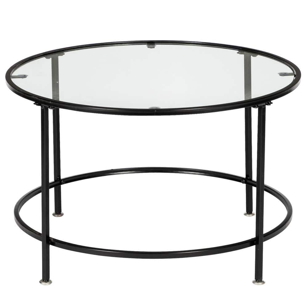 26" Round Tempered Glass Coffee Table with Black Metal Frame