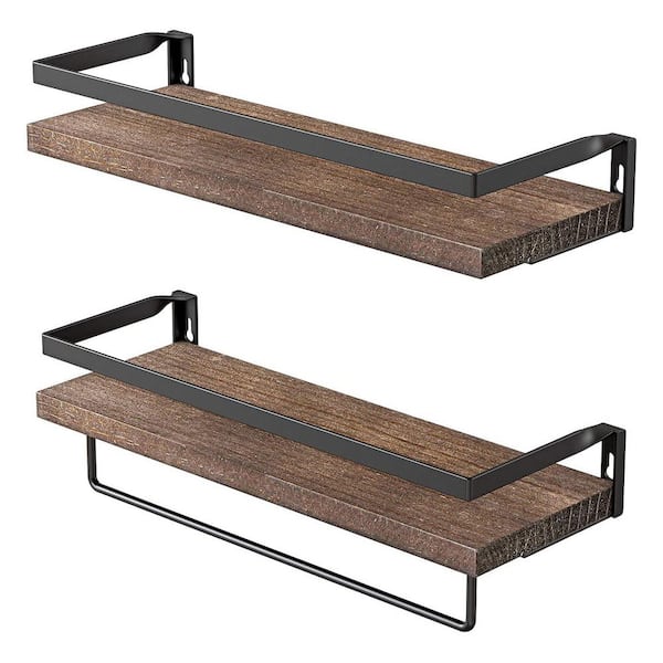 Unbranded 5.9 in. D x 16.5 in. W x 2.75 in. H Black-Brown Wall Shelves with Towel Bar (Set of 2)