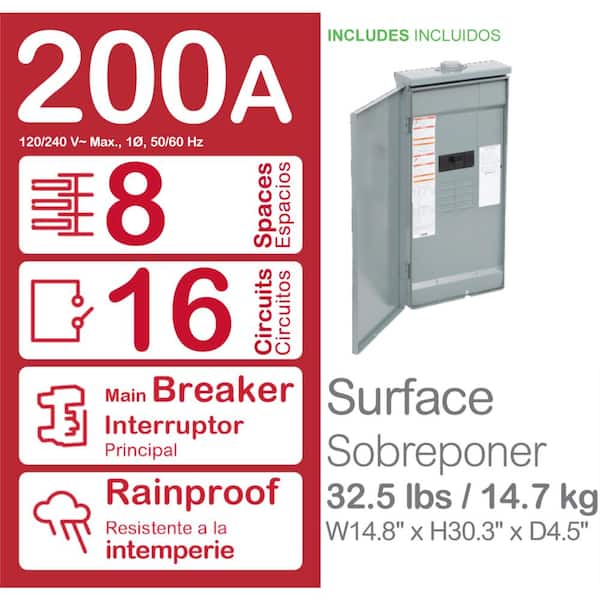 Homeline 200 Amp 8-Space 16-Circuit Outdoor Main Breaker Electrical Panel with Feed-Thru Lug