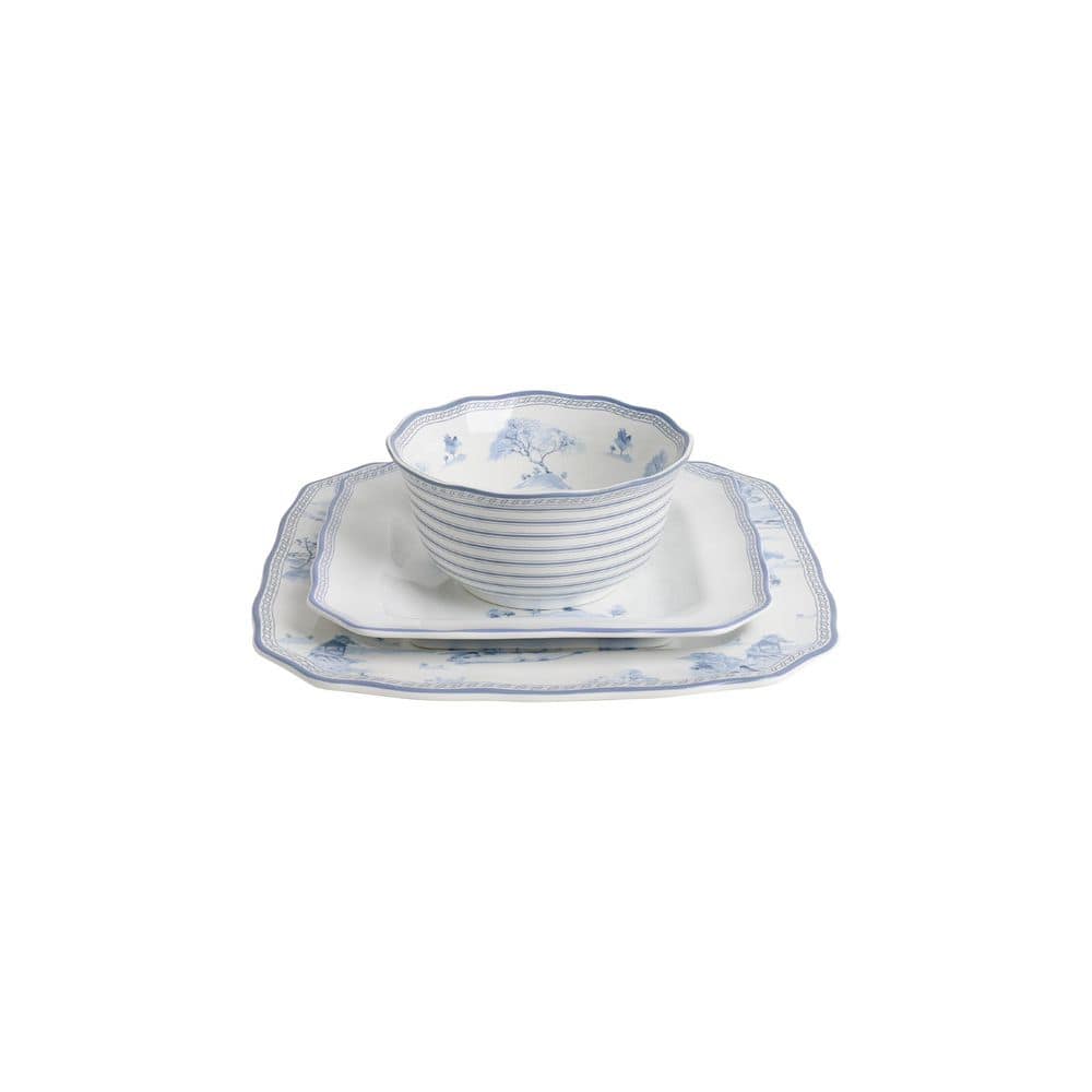 Scenic Toile Blue and White Porcelain 12-Piece Dinnerware Set