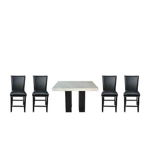 Camila White Marble 54 in. Square Counter Height Dining Set with 4-Black Upholstered Side Chair