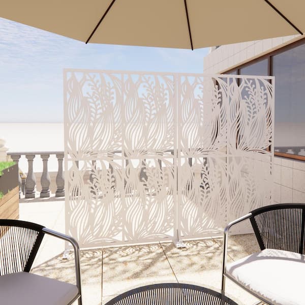 72 in. H White Metal Freestanding 1-Panel Room Divider Privacy Screen with Leaf Design for Balcony, Patio and Garden