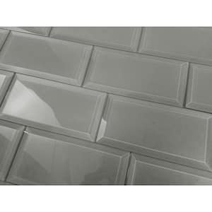 Frosted Elegance Glossy Metallic Gray Beveled Subway 3 in. x 6 in. Glass Decorative Wall Tile (14 sq.ft./Case)
