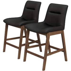 Helena 37 in. Mid-Century High Back Solid Wood Vegan Leather Counter Stool in Black (Pair)
