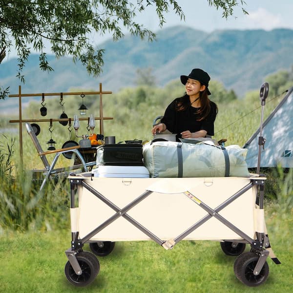 Unbranded 6.23 cu. ft. Metal Folding Garden Cart with Big Wheel, Adjustable HandleandDrink Holders for Camping, Garden