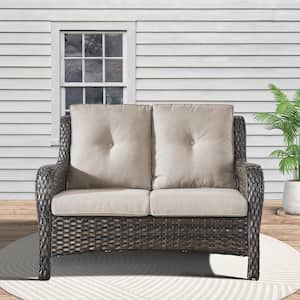 Brown Wicker Outdoor Loveseat with Beige Cushions