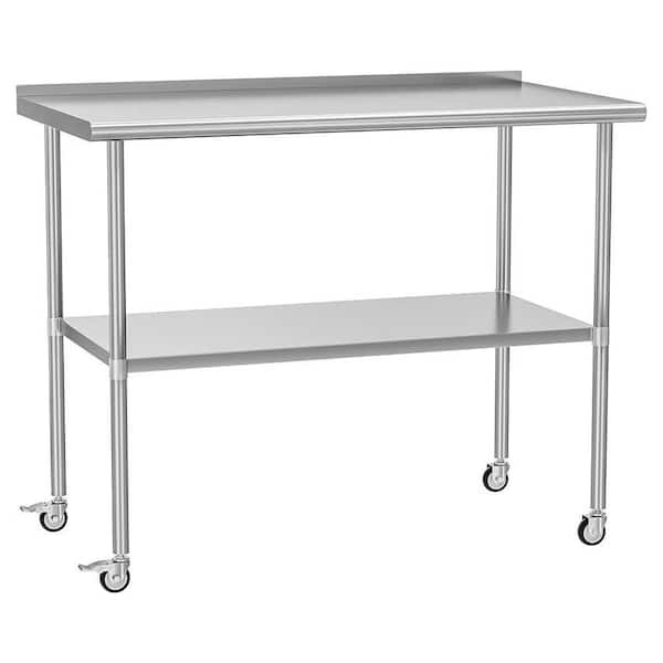 Adrinfly 30 in. x 48 in. Stainless Steel Kitchen Prep Table w/2-Adjustable Undershelves, Wheels for Commercial Kitchen, Outdoor