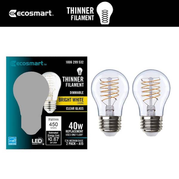 EcoSmart 40-Watt Equivalent A15 Dimmable Fine Bendy Filament LED Vintage Edison Light Bulb Bright White (2-Pack)