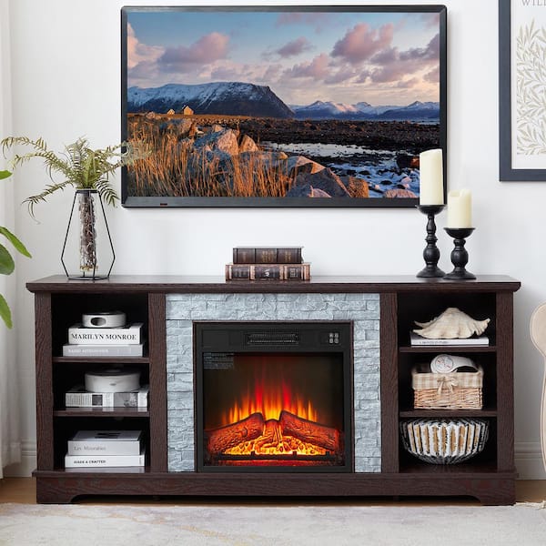 ToolCat 58 in. Freestanding Electric Fireplace TV Stand with Faux Stacked Stone Surround, with 18 in. Fireplace Insert, White