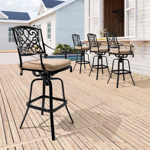Aluminum Swivel Outdoor Bar Stools Set of 4 with Back and Footrest Patio Bar Height Chairs with Sunbrella Beige Cushion