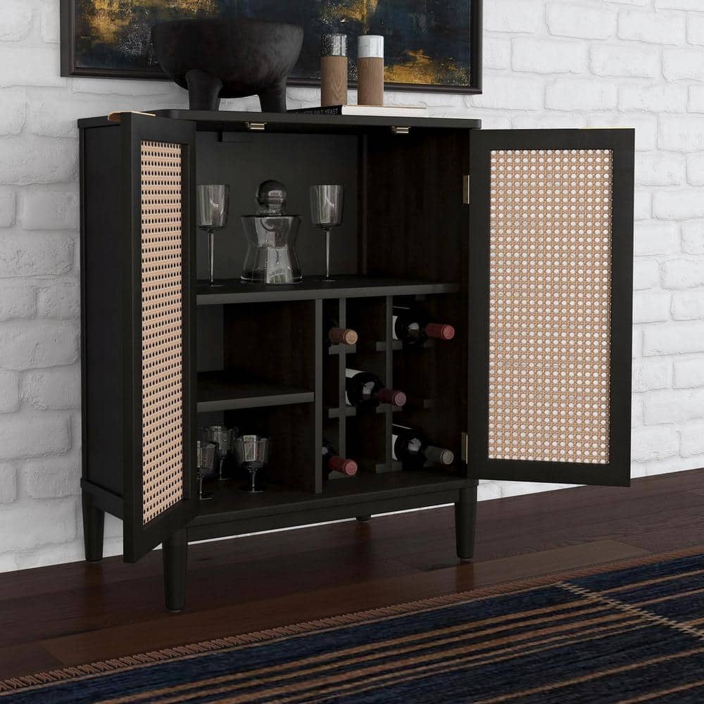 Brentwood Black and Cane Mid-Century Bar Cabinet