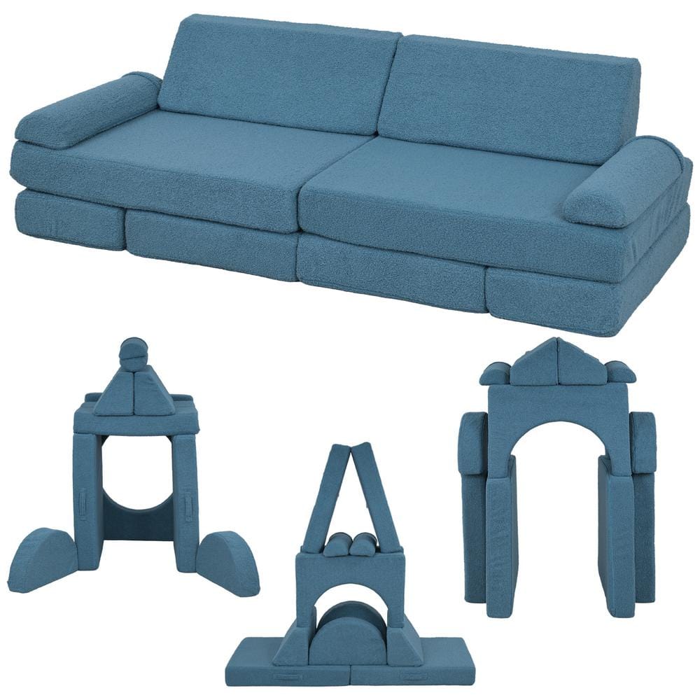 Blue 12-Piece Kids Couch for Playroom Bedroom, Convertible Sofa Lounger for