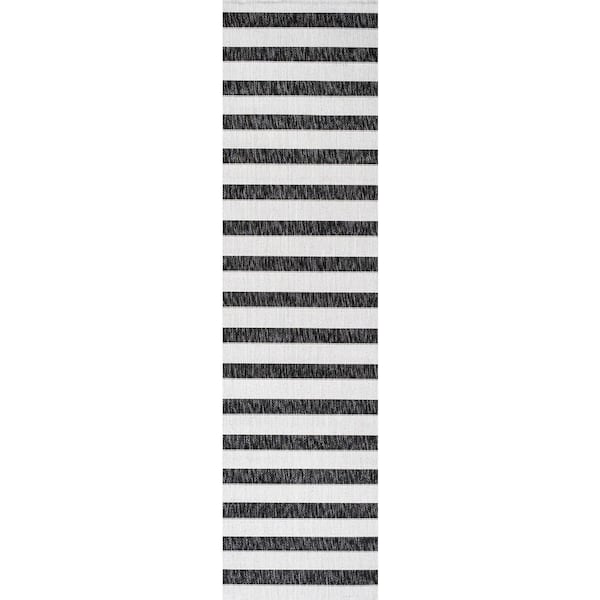 Aveiro Black/Cream 2 ft. x 8 ft. Wide Stripe Indoor/Outdoor Area Rug