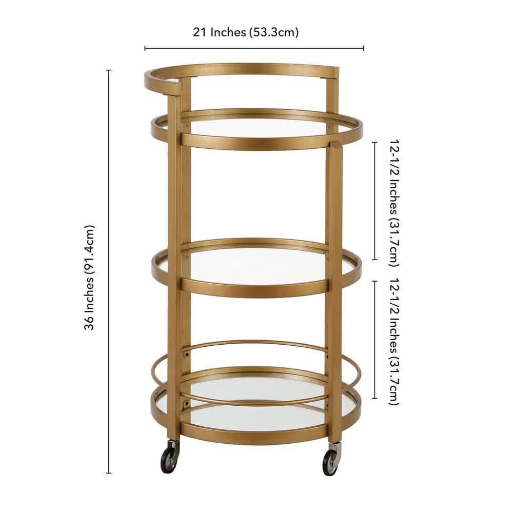 Hause 21" Round Brass and Glass Bar Cart with Storage