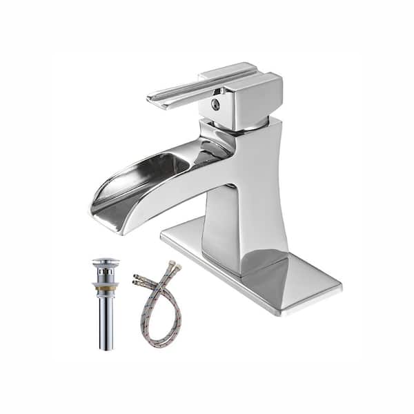 FORCLOVER Single-Handle Low-Arc Single Hole Waterfall Bathroom Faucet with Pop-Up Drain Assembly in Chrome