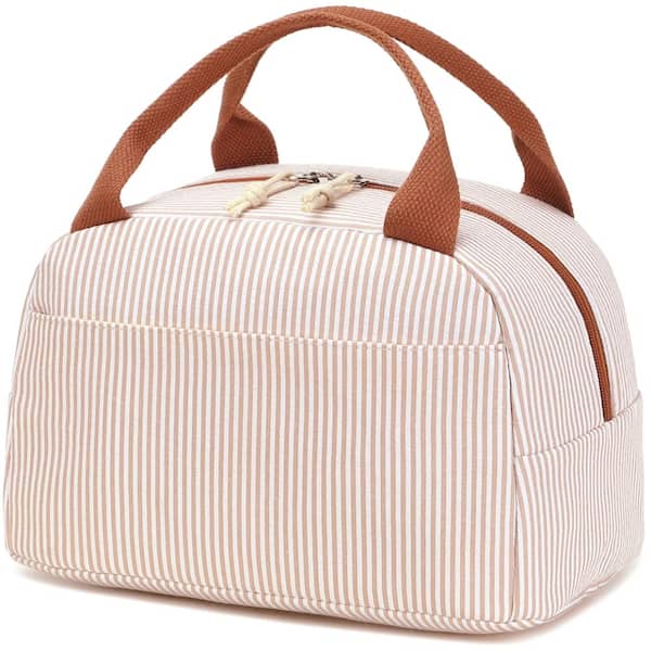10L Insulated Lunch Bag with Front Pocket, Reusable Lunch Box Tote, Light Khaki White Stripes
