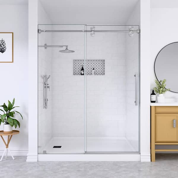Serena 60 in. W x 76 in. H Sliding Frameless Shower Door in Brushed Nickel with 3/8 in. (10 mm) Tempered Clear Glass