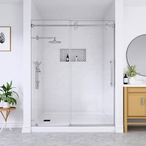 Serena 66 in. W x 76 in. H Sliding Frameless Shower Door in Brushed Nickel with 3/8 in. (10 mm) Tempered Clear Glass