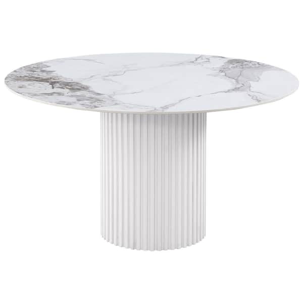 Acadia Contemporary White Stone Top 53 in. Pedestal Base Round Dining Table Seats 6