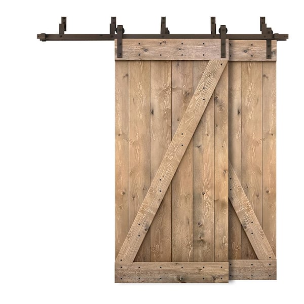 CALHOME 88 in. x 84 in. Z-Bar Bypass Light Brown Stained DIY Solid Wood Interior Double Sliding Barn Door with Hardware Kit