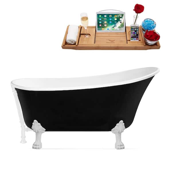 Streamline 59 in. Acrylic Clawfoot Non-Whirlpool Bathtub in Glossy Black With Glossy White Clawfeet And Glossy White Drain