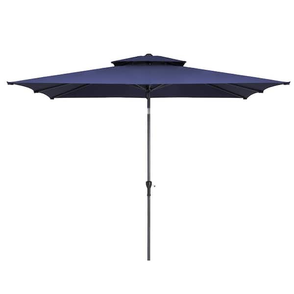 Pellebant Double Top 10 ft. x 6.5 ft. Rectangular Aluminum Market Crank and Tilt Patio Umbrella in Navy Blue