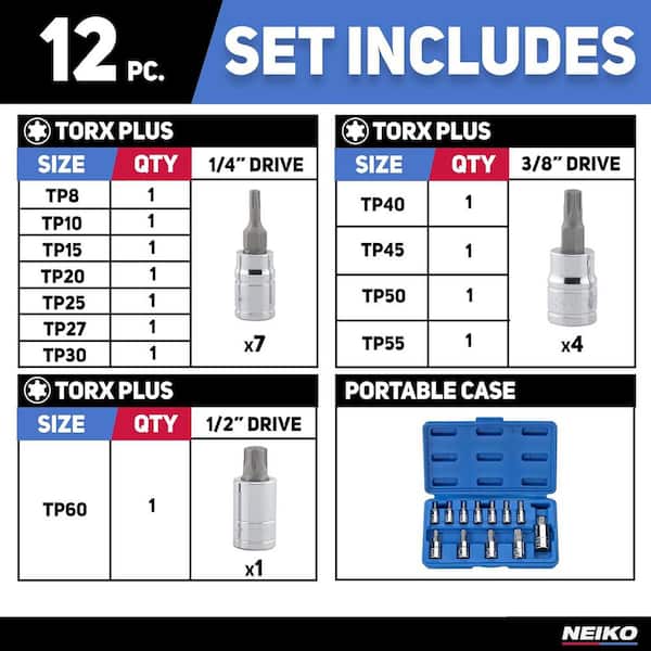 NEIKO 1/4 in. 3/8 in. and 1/2 in. Drive Torx Plus Bit Socket Set
