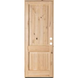 36 in. x 96 in. Rustic Square Top 2 Panel Left-Hand Inswing Unfinished Knotty Alder V-Grooved Wood Prehung Front Door