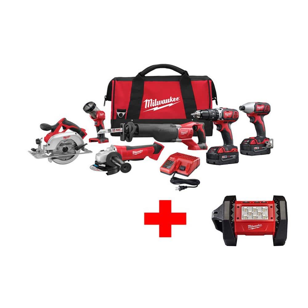 Milwaukee M18 18V Lithium-Ion Cordless Combo Kit (6-Tool) with Free M18 LED  Flood Light 2696-26-2361-20 The Home Depot