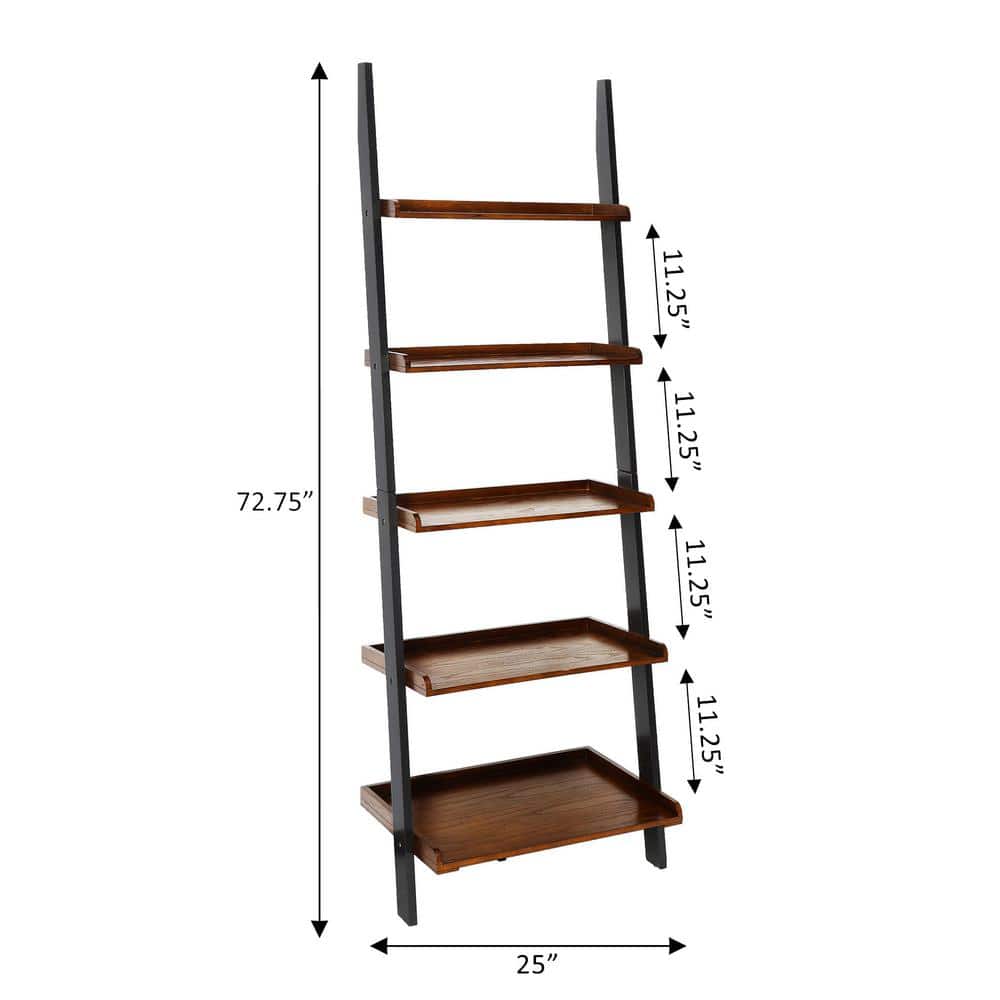Elegant French Country 5-Shelf Ladder Bookcase in Dark Walnut and Black