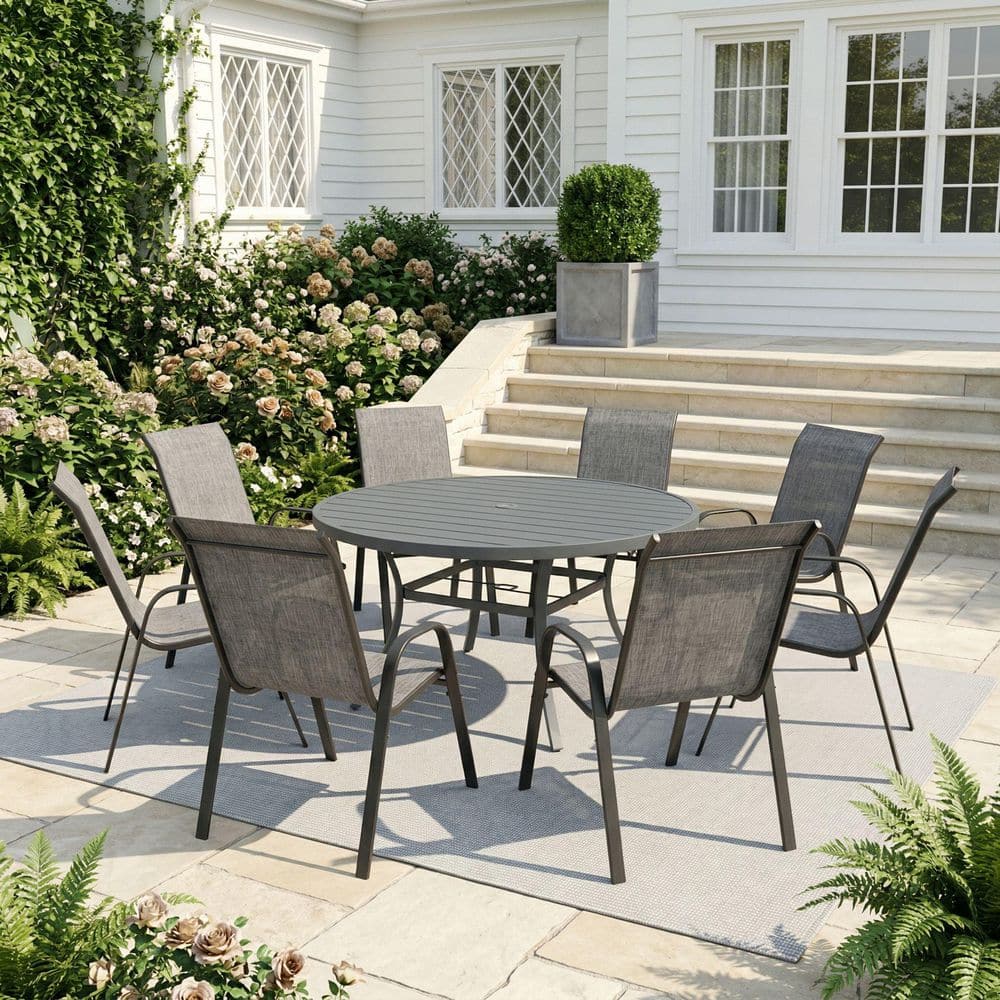 9-Piece Metal Outdoor Dining Set with 53 in. Gray Round Dining Table and 8 Gray Stackable Textilene Chairs price history on PriceWatchPro