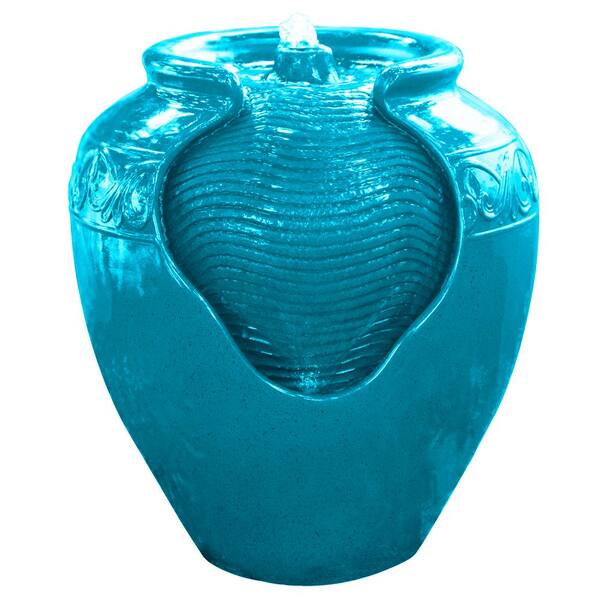 Teamson Home Outdoor Glazed Urn Pot Floor Fountain with LED Light in Teal