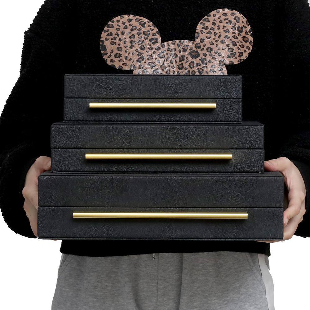 Black Faux Leather Rectangular Decorative Storage Boxes with Gold Handles, Set of 3