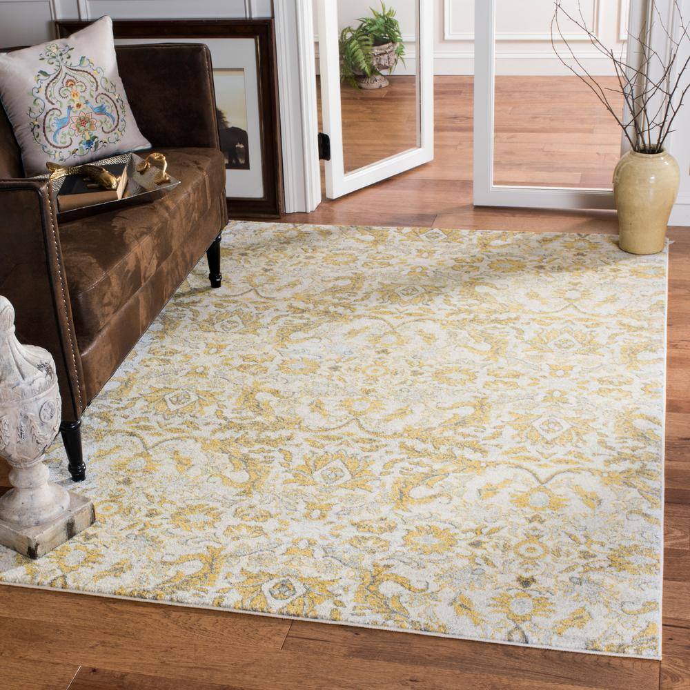 Ivory and Gold High Pile Floral Synthetic Area Rug