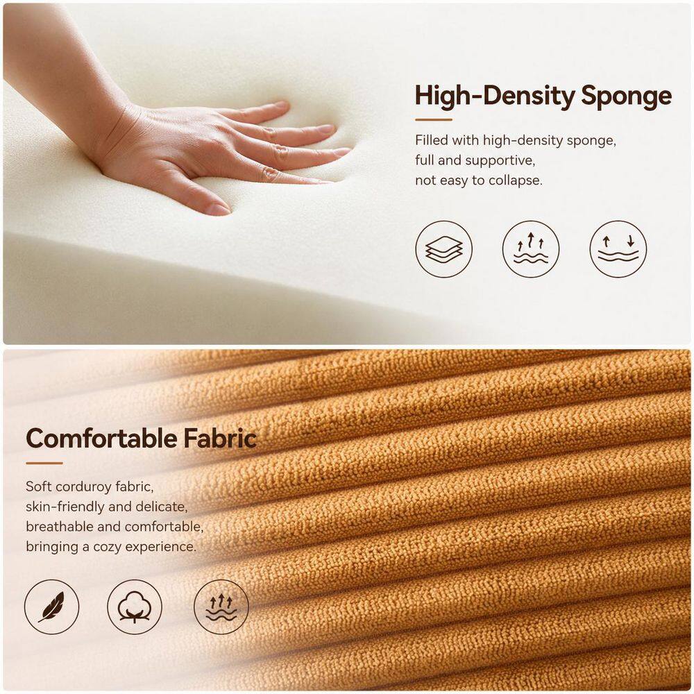 Close-up of the high-density sponge foam and yellow corduroy fabric texture.