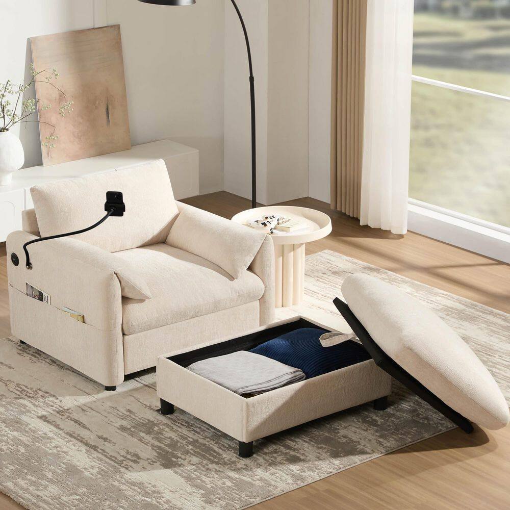 Luxury Collection Beige Chenille Accent Arm Chair and Storage Ottoman w/Adjustable Phone Holder and USB Charger,Set of 1