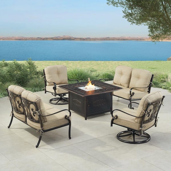 Oakland Living Black Aluminum Fire Table Set with 2-Loveseats and 2-Club Chairs