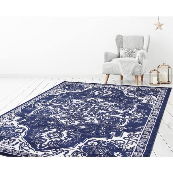 FLOOR ART Quince Navy/Blue 5 ft. x 7 ft. Medallion Vinyl Rectangle Area Rug  8214.42.51 - The Home Depot