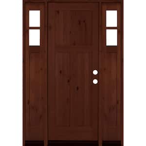 64 in. x 96 in. Alder 3 Panel Left-Hand/Inswing Clear Glass Red Mahogany Stain Wood Prehung Front Door with Sidelites